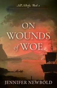 Book cover 'On Wounds of Woe' showing silhouette of a ship in Naples Bay with the volcano Vesuvius behind it.